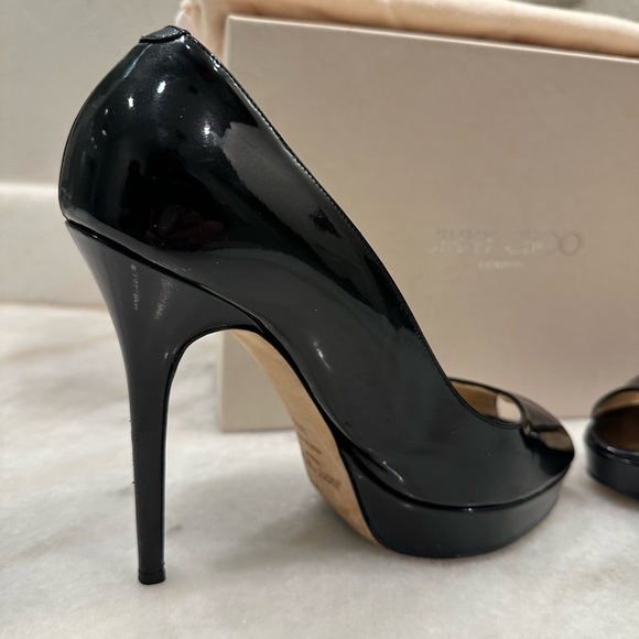 Jimmy Choo Crown Patent Black Leather Peep Toe Heel - Picture 4 of 13